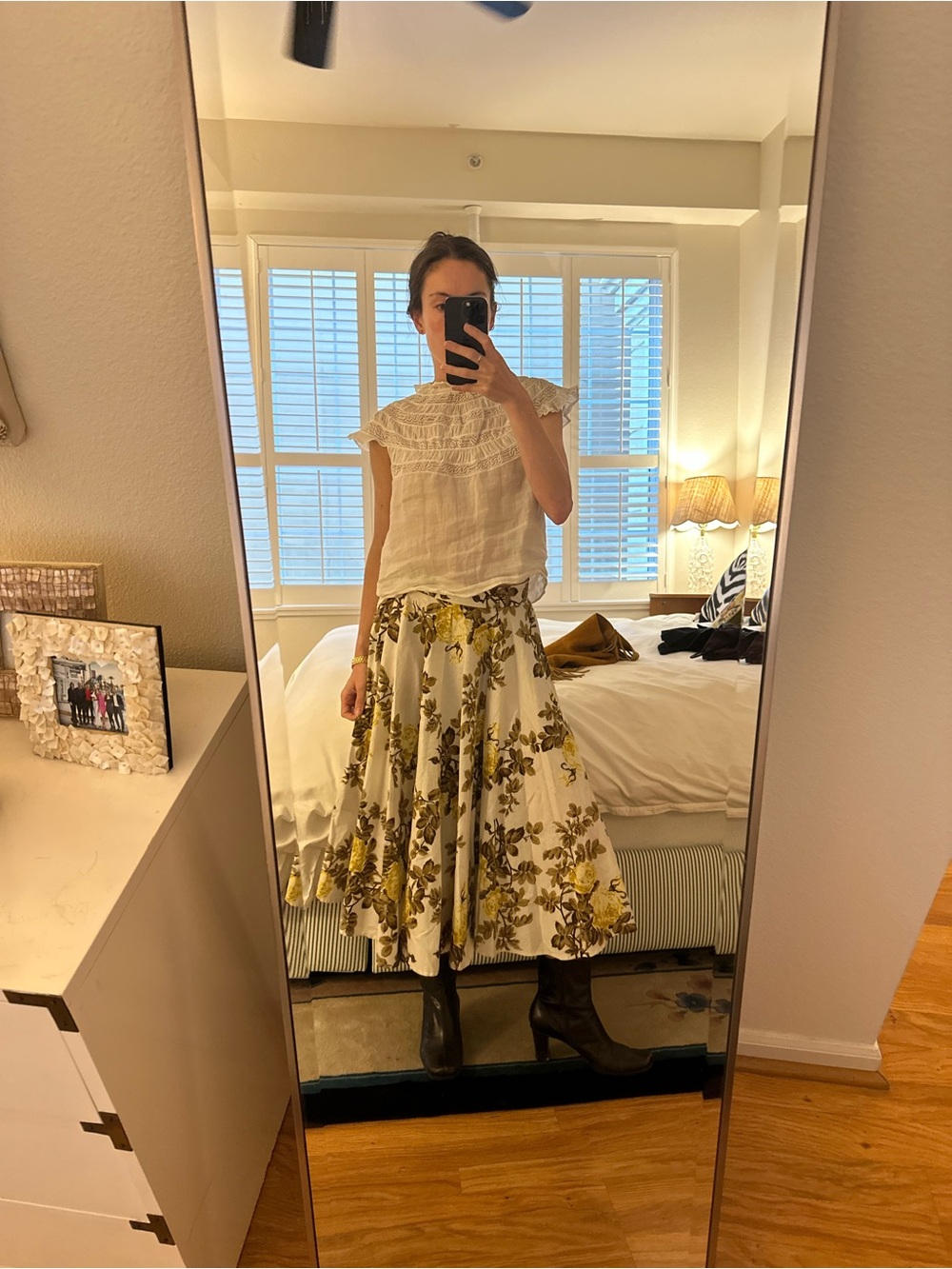 Vintage handmade 100% cotton Midi Skirt in White and Yellow